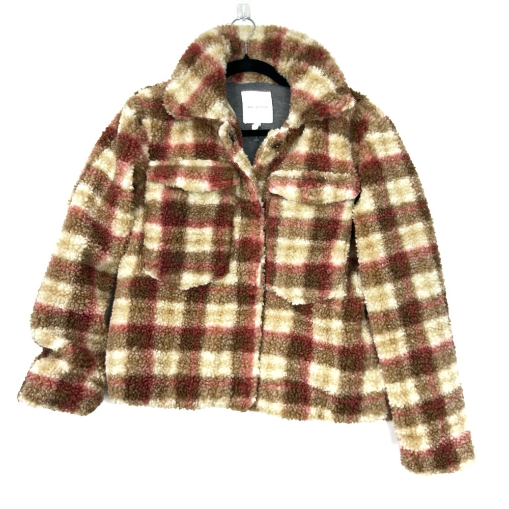 Avec Les Filles Brown Plaid Cropped Teddy Fleece Jacket